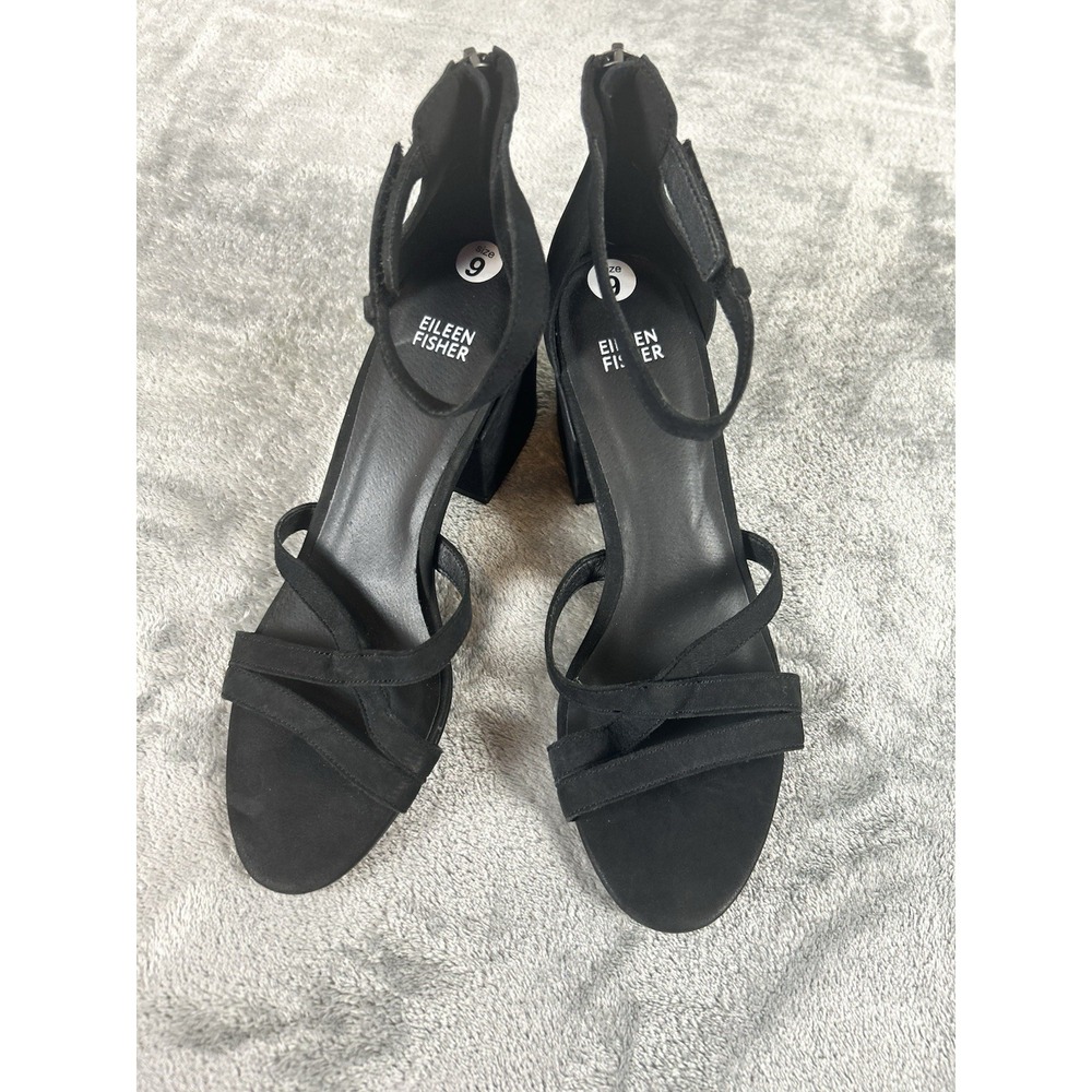 Eileen Fisher Jazzy Heel Sandal Black Leather Block Ankle Strap Classic Size 9
